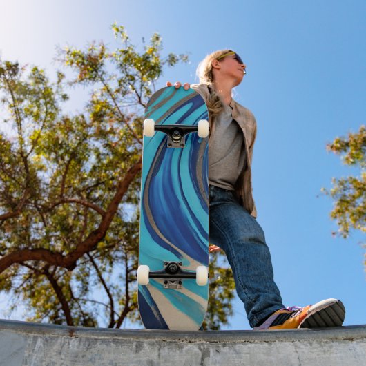 Moderne Abstracte Flow Art-Blue en Gold- Persoonlijk Skateboard (Buiten 1)