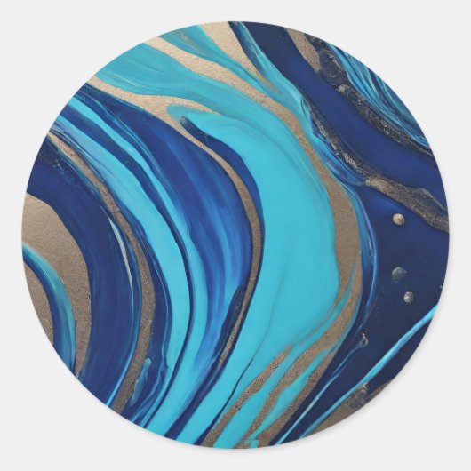 Moderne Abstracte Flow Art-Blue en Gold- Ronde Sticker (Voorkant)