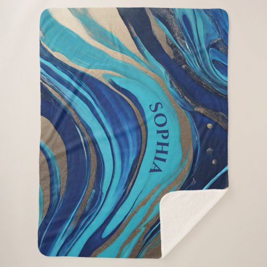 Moderne Abstracte Flow Art-Blue en Gold- Sherpa Deken (Voorkant)