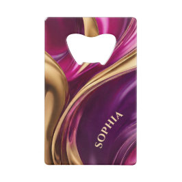 Moderne Abstracte Flow Art- Fuchsia Paarse en Gold Creditkaart Flessenopener