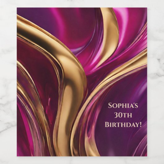 Moderne Abstracte Flow Art- Fuchsia Paarse en Gold Wijn Etiket (Enkel label)