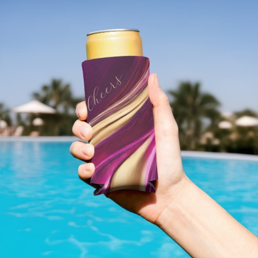 Moderne Abstracte Flow Art - Fuchsia Paarse en Gou Seltzer Blikjeskoeler (Insitu Zwembad)