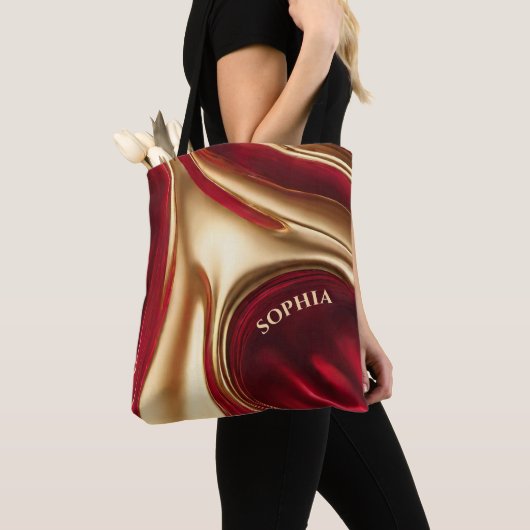 Moderne Abstracte Flow Art-Red en Gold- Tote Bag (Dichtbij)