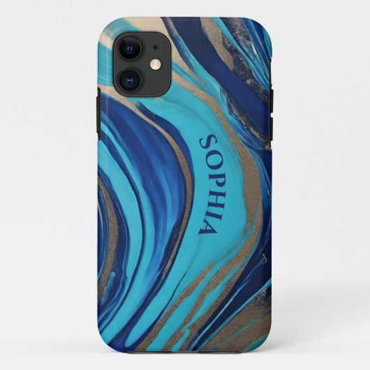 Moderne Abstracte Flow Kunst-Blauw en Goud- Case-Mate iPhone Case (Achterkant)