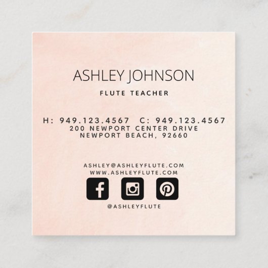 Moderne Abstracte fluitdocent Blush & Navy Social Vierkante Visitekaartje (Achterkant)