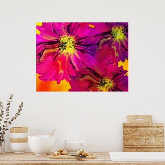 Moderne Abstracte Fuchsia (Magenta) bloemen Poster (Keuken)