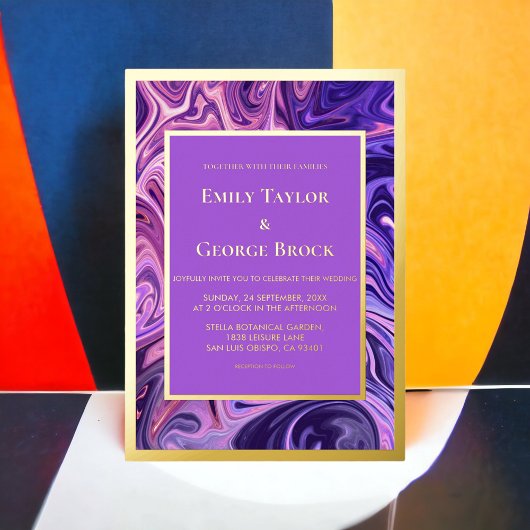 Moderne Abstracte galaxy Art Wavy Blue Gold Weddin Folie Uitnodiging