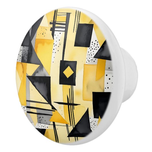 Moderne Abstracte Gele en Zwarte Waterverf Keramische Knop (Rechts)