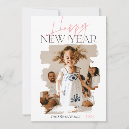 Moderne abstracte, gelukkige nieuwjaars penseelroz feestdagenkaart (Voorkant)