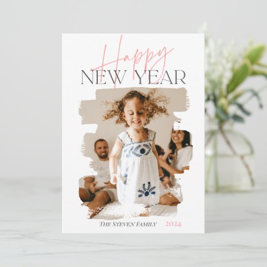 Moderne abstracte, gelukkige nieuwjaars penseelroz feestdagenkaart (Staand voorkant)