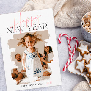 Moderne abstracte, gelukkige nieuwjaars penseelroz feestdagenkaart