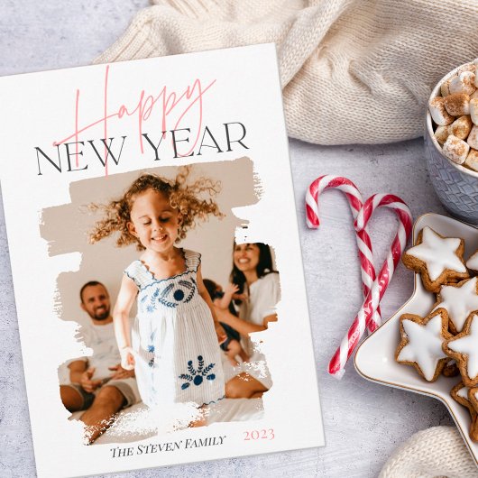 Moderne abstracte, gelukkige nieuwjaars penseelroz feestdagenkaart