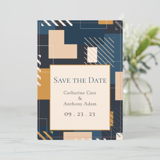 Moderne Abstracte geometrische bruiloft Save The Date (Staand voorkant)