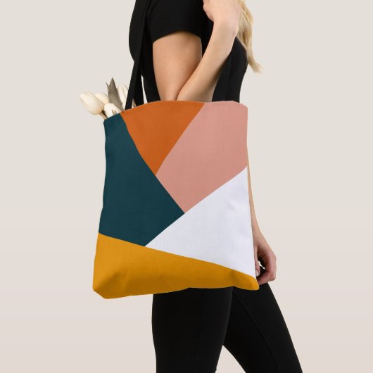 Moderne abstracte geometrische kleurenblokpatroon tote bag (Dichtbij)