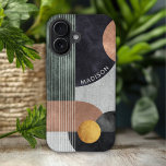 Moderne Abstracte geometrische marmer Aangepaste n iPhone 16 Hoesje<br><div class="desc">De moderne Abstracte Geometric Marble Custom Name iPhone 16 Hoesjes zijn voorzien van zwart, roos goud en gouden waterverf geometrische vormen op een grijs marmeren achtergrond met strepen en uw persoonlijke naam in hedendaags wit script. Personaliseer door de tekst in het bijgeleverde tekstvak te bewerken. Ontworpen door ©Evco Studio www.zazzle.com/store/evcostudio...</div>