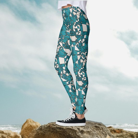 Moderne Abstracte Geometrische Teal Gebroken Glas Leggings