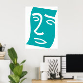 Moderne Abstracte Gezicht Lijnkunst Teal Poster (Thuiskantoor)