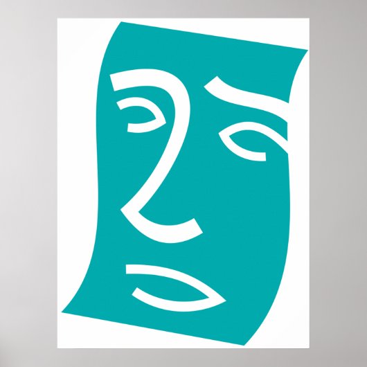 Moderne Abstracte Gezicht Lijnkunst Teal Poster (Voorkant)