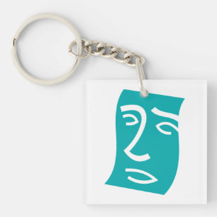 Moderne Abstracte Gezicht Lijnkunst Teal Sleutelhanger