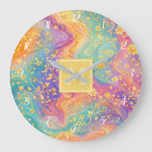 Moderne Abstracte Glitter Bloemrijke Monogram Ontw Grote Klok (Voorkant)