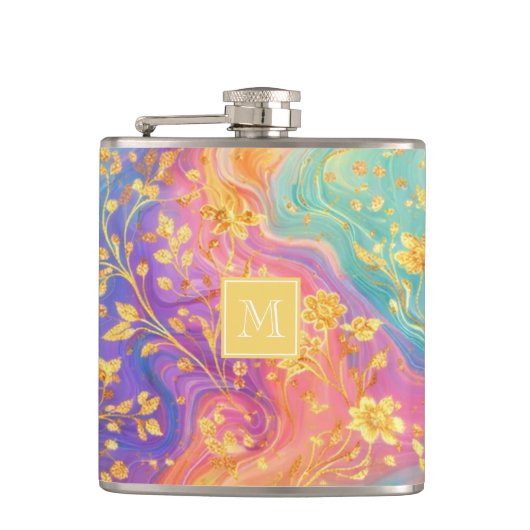 Moderne Abstracte Glitter Bloemrijke Monogram Ontw Heupfles (Voorkant)