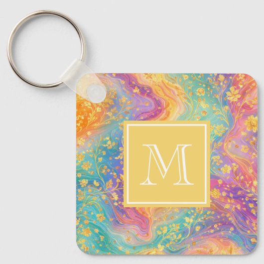 Moderne Abstracte Glitter Bloemrijke Monogram Ontw Sleutelhanger (Voorkant)