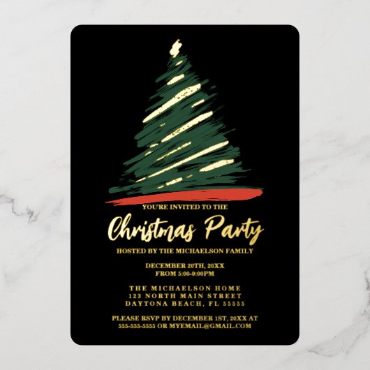 Moderne Abstracte gouden groene kerstmis Folie Uitnodiging (Voorkant)