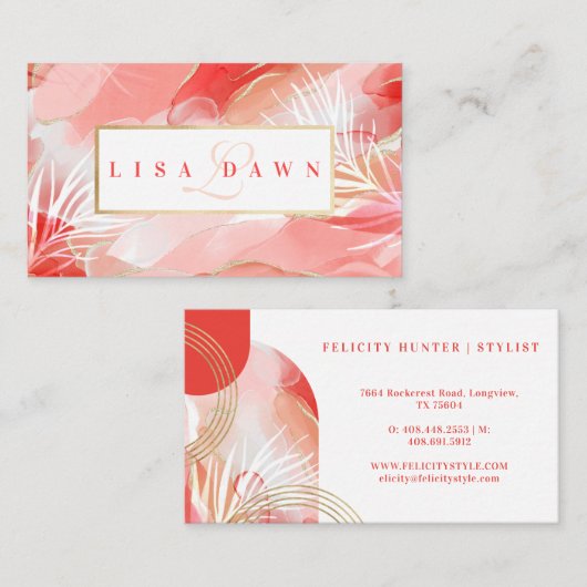 Moderne Abstracte gouden, roze en rode Waterverf i Visitekaartje (Voorkant / Achterkant)