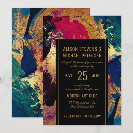 Moderne abstracte gouden zwarte roodschilderbruilo kaart (Voorkant / Achterkant)