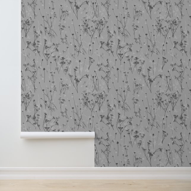 Moderne Abstracte Greige Wildflowers Behang (Applicatie)