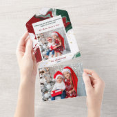 Moderne Abstracte Groen/Rode Kerst Foto All In One Uitnodiging (Afscheurbaar)