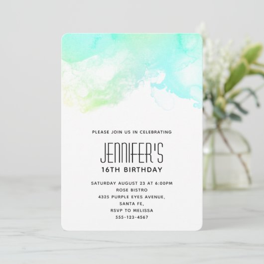 Moderne Abstracte Groene & Blauwe Aquarel Verjaard Kaart (Staand voorkant)