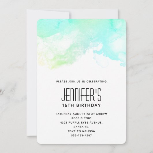 Moderne Abstracte Groene & Blauwe Aquarel Verjaard Kaart (Voorkant)