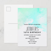 Moderne Abstracte Groene en Blauwe Waterverf Birth Uitnodiging Briefkaart (Voorkant / Achterkant)