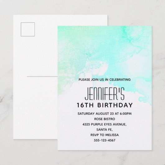 Moderne Abstracte Groene en Blauwe Waterverf Birth Uitnodiging Briefkaart (Voorkant / Achterkant)