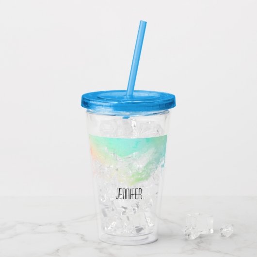 Moderne Abstracte groene en blauwe Waterverf zwemm Acryl Drinkbeker (Achterkant ijs)