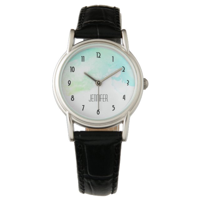 Moderne Abstracte groene en blauwe Waterverf zwemm Horloge (Voorkant)
