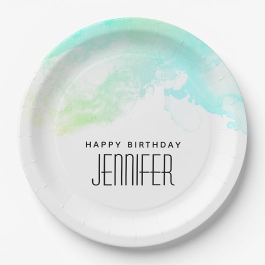 Moderne Abstracte groene en blauwe Waterverf zwemm Papieren Bordje (Voorkant)