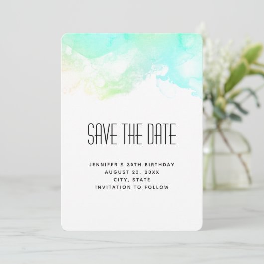 Moderne Abstracte groene en blauwe Waterverf zwemm Save The Date (Staand voorkant)