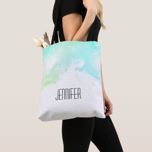 Moderne Abstracte groene en blauwe Waterverf zwemm Tote Bag (Dichtbij)
