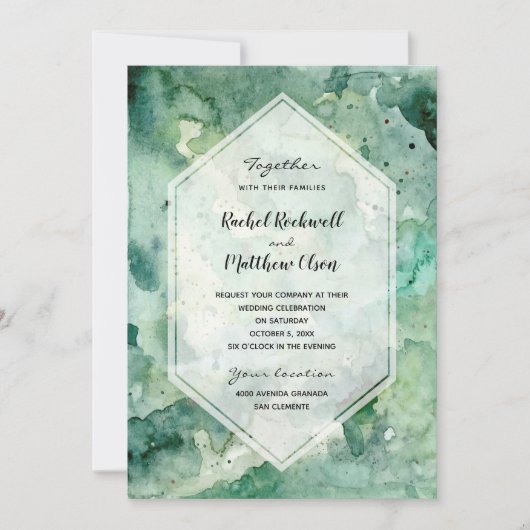 Moderne Abstracte groene Waterverf bruiloft uitnod (Voorkant)