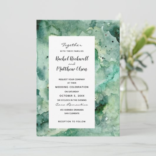 Moderne Abstracte groene Waterverf bruiloft uitnod (Staand voorkant)