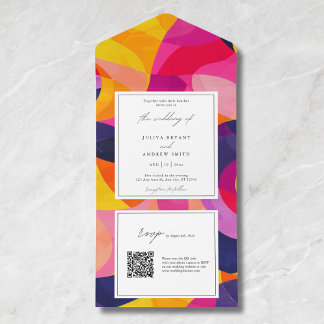 Moderne Abstracte Hot Pink QR code bruiloft All In One Uitnodiging