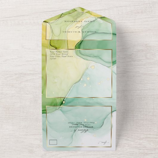 Moderne Abstracte Inkt Citroen Geel Groen All In One Uitnodiging (Buitenkant)