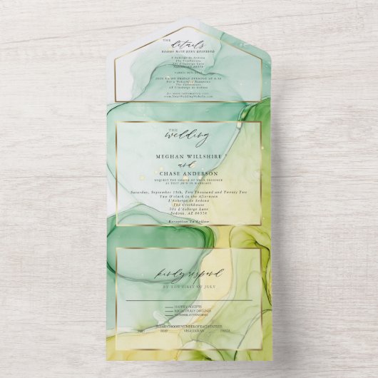 Moderne Abstracte Inkt Citroen Geel Groen All In One Uitnodiging (Binnen)