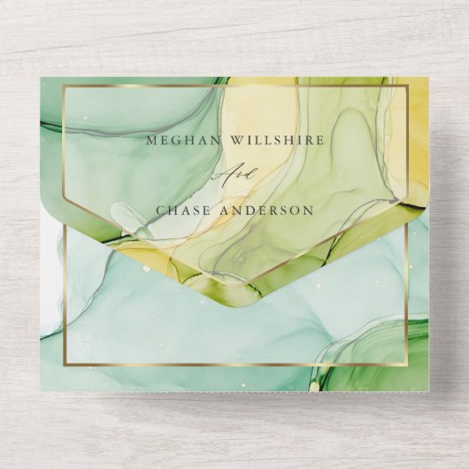 Moderne Abstracte Inkt Citroen Geel Groen All In One Uitnodiging (Achterkant)