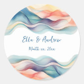Moderne Abstracte Kleur Wave Blauw Wit Bruiloft Ronde Sticker (Voorkant)