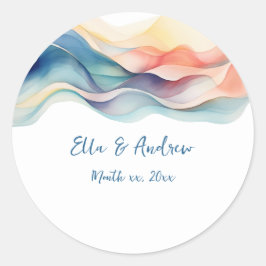 Moderne Abstracte Kleur Wave Blauw Wit Bruiloft Ronde Sticker