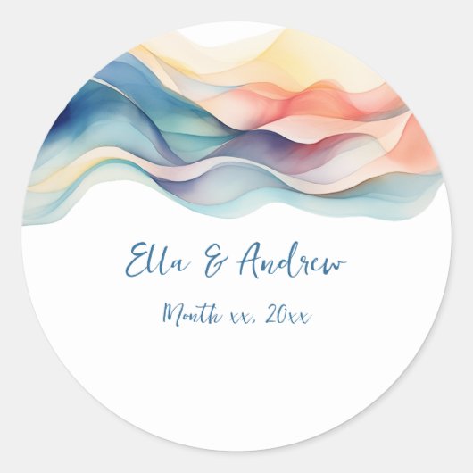 Moderne Abstracte Kleur Wave Blauw Wit Bruiloft Ronde Sticker (Voorkant)