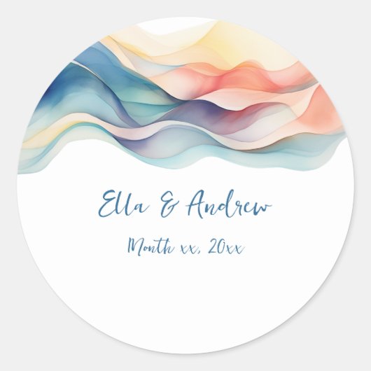 Moderne Abstracte Kleur Wave Blauw Wit Bruiloft Ronde Sticker (Voorkant)